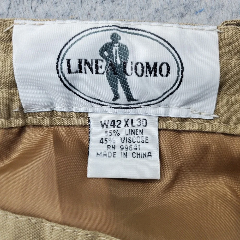 Linea Uomo Pants Mens 42x30 Tan Straight Wide Leg Linen Blend Drawstring Waist